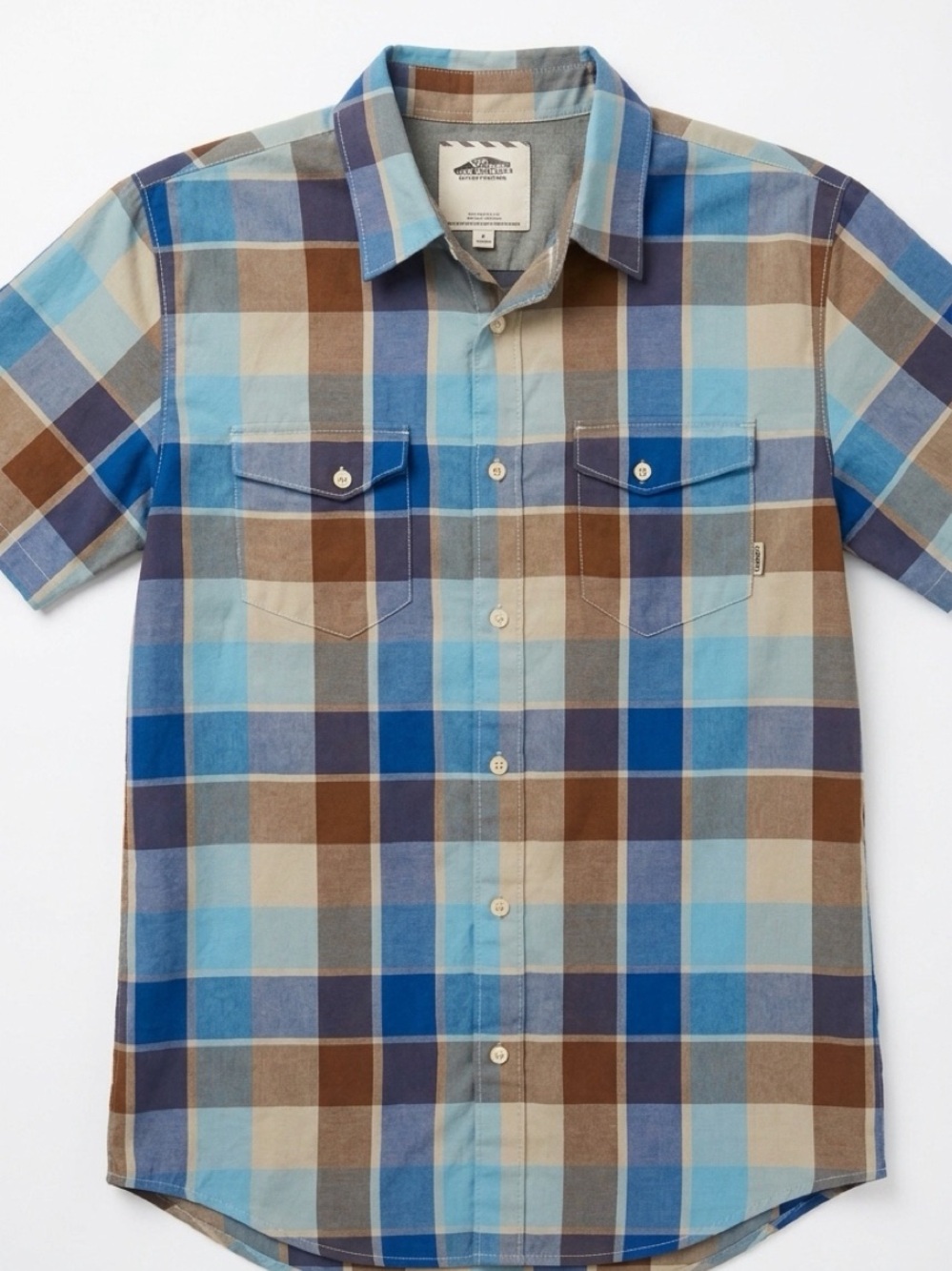 Vans Blue and Brown Plaid Short-Sleeve Button-Down Shirt